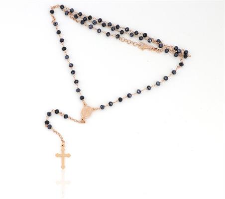COLLANA ROSARIO PIETRE BLU 3MM CM50 ROSATA ARG.925