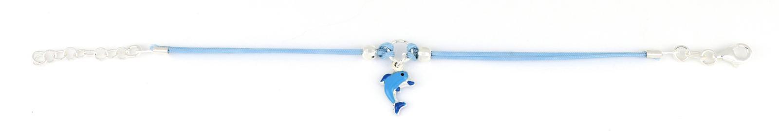 BRACCIALE BIMBO ARG COTONE CELESTE CON DELFINO SMALTATO