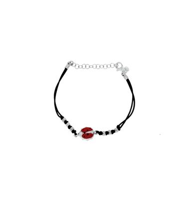 BRACCIALE BIMBO ARG CORDONCINO NERO E COCCINELLA SMALTATA