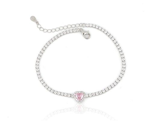 BRACCIALE TENNIS CUORE ROSA cm18+3 ARGENTO 925