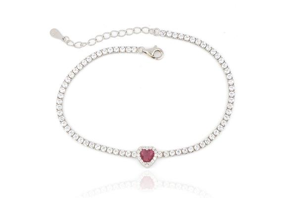 BRACCIALE TENNIS CUORE ROSSO cm18+3 ARGENTO 925