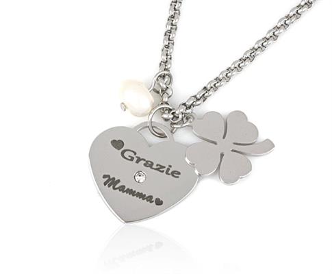 COLLANA ACCIAIO MAMMA CON PENDENTI E CUORE INCISO