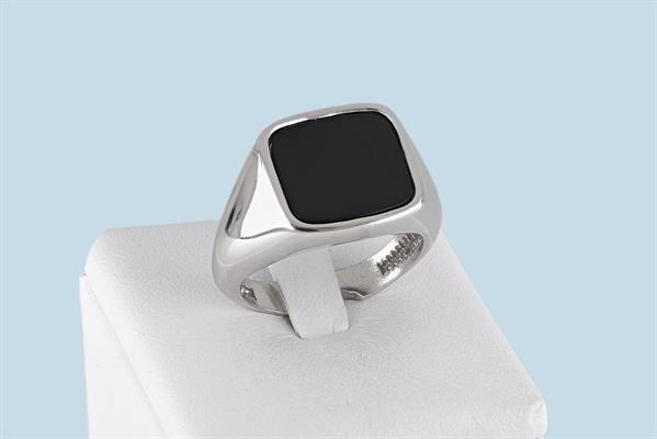 ANELLO UOMO QUADRATO ONICE NERO APERTO RODIATO ARGENTO 925