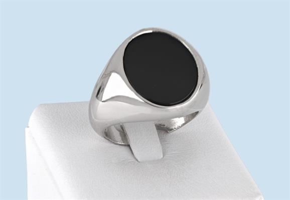 ANELLO UOMO OVALE ONICE NERO APERTO RODIATO ARGENTO 925