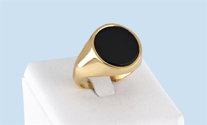 ANELLO UOMO TONDO ONICE NERO APERTO DORATO ARGENTO 925
