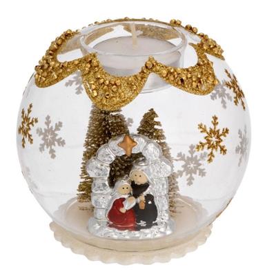 SFERA TEALIGHT D. 10 DECO ARGENTO CON ALBERELLI - PRESEPE