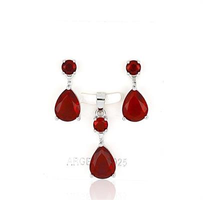 PARURE TONDA 4mm CON GOCCIA 7X9mm ZIRCONI ROSSI