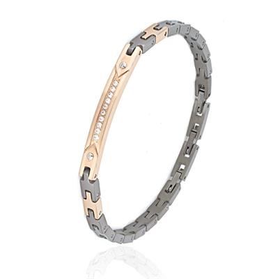 BRACCIALE ACCIAIO RUTENIO CON TARGA RAMATA E ZIRCONI BIANCHI