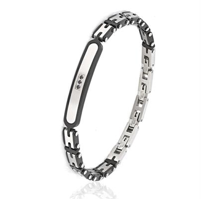 BRACCIALE ACCIAIO E NERO CON TARGA E ZIRCONI NERI