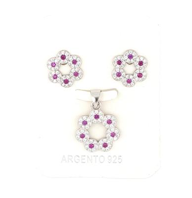 PARURE FIORE TRAFORATO CON ZIRCONI ROSSI IN ARGENTO 925