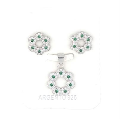 PARURE FIORE TRAFORATO CON ZIRCONI VERDI IN ARGENTO 925