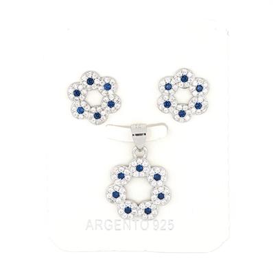 PARURE FIORE TRAFORATO CON ZIRCONI BLU IN ARGENTO 925