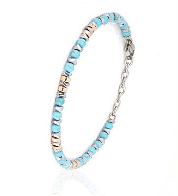 BRACCIALE ACCIAIO CON PIETRE TURCHESE E INSERTI RAME