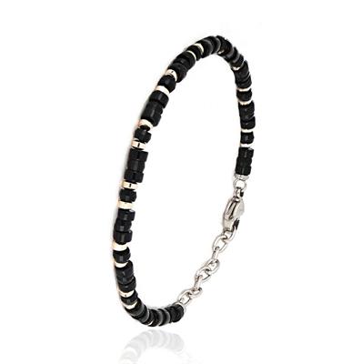 BRACCIALE ACCIAIO CON PIETRE NERE E RAME