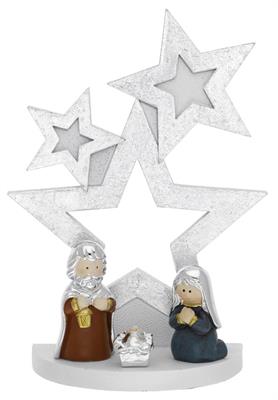 ALBERO 3 STELLE STILIZZATO BIANCO/ARGENTO H. 22 CON PRESEPE